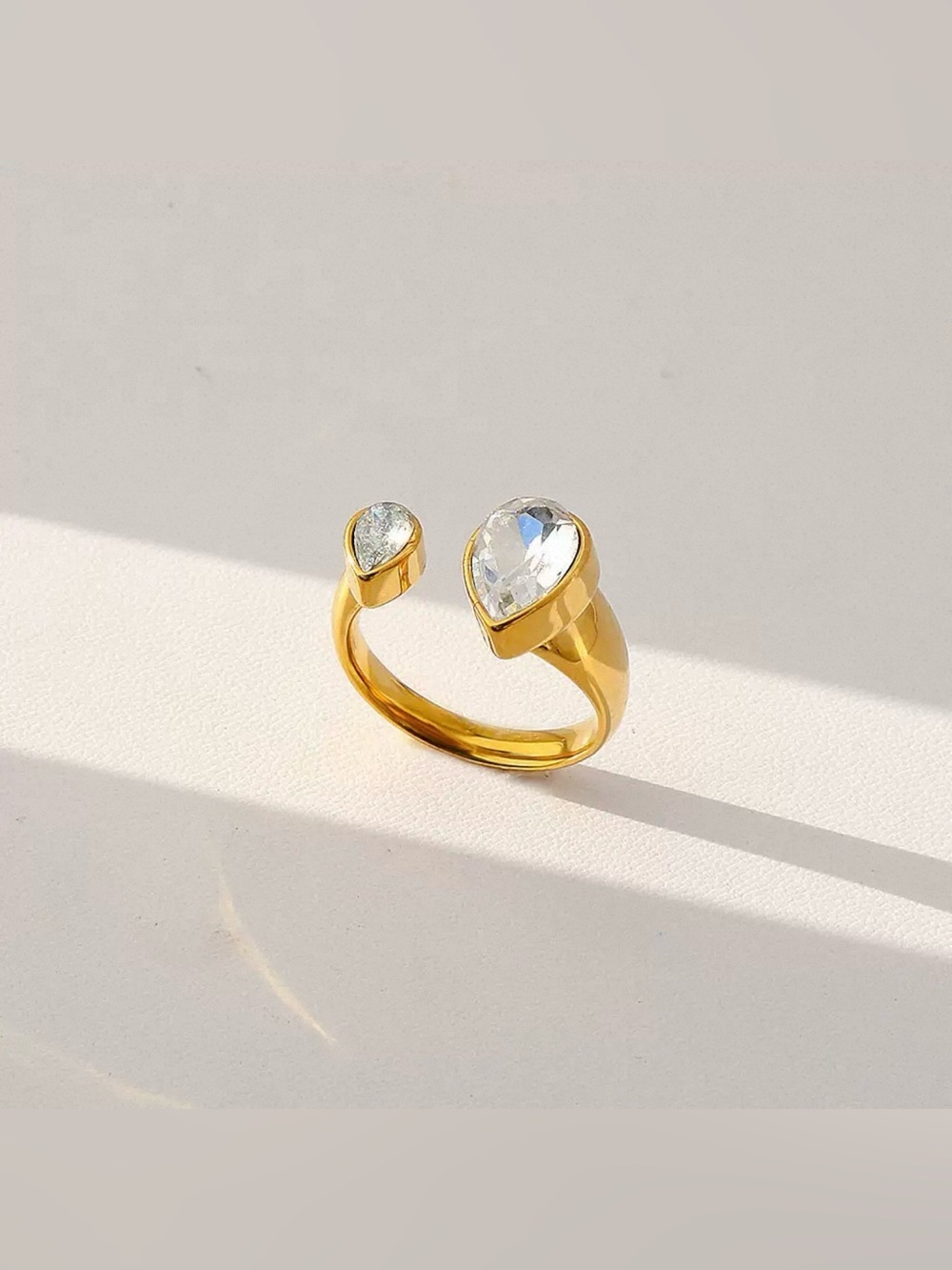 Gold Adjustable Two Stone Teardrop  Bezel Setting Open Statement Ring